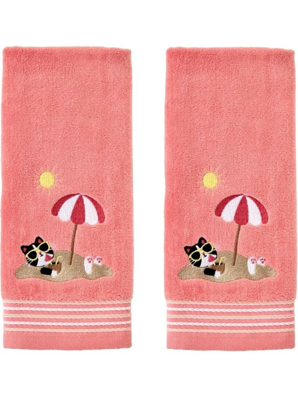 Coral Pink Cat Hand Towel Set - 2pc for Bath, Kitchen & Bar - Perfect Gift!